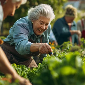 Eine Gruppe von Senioren versammelte sich in einem Gemeinschaftsgarten, umgeben von üppigem Grün unter der Sonne, kümmerte sich um die Pflanzen und genoss die frische Luft.