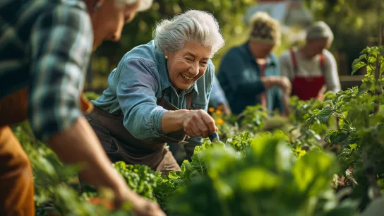 © Ms_Tali - stock.adobe.com Eine Gruppe von Senioren versammelte sich in einem Gemeinschaftsgarten, umgeben von üppigem Grün unter der Sonne, kümmerte sich um die Pflanzen und genoss die frische Luft.