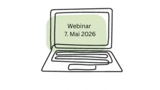 Dekorative Grafik Notebook mit Textinfo Webinar 7.Mai 2026